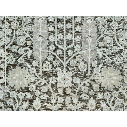 2'6"X10' Gray Hand Knotted Silk And Wool Willow And Cypress Tree Rug