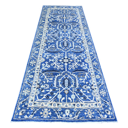 3'7"X10' Sapphire Blue Wool Fine Peshawar Hand Knotted Wide Runner Rug