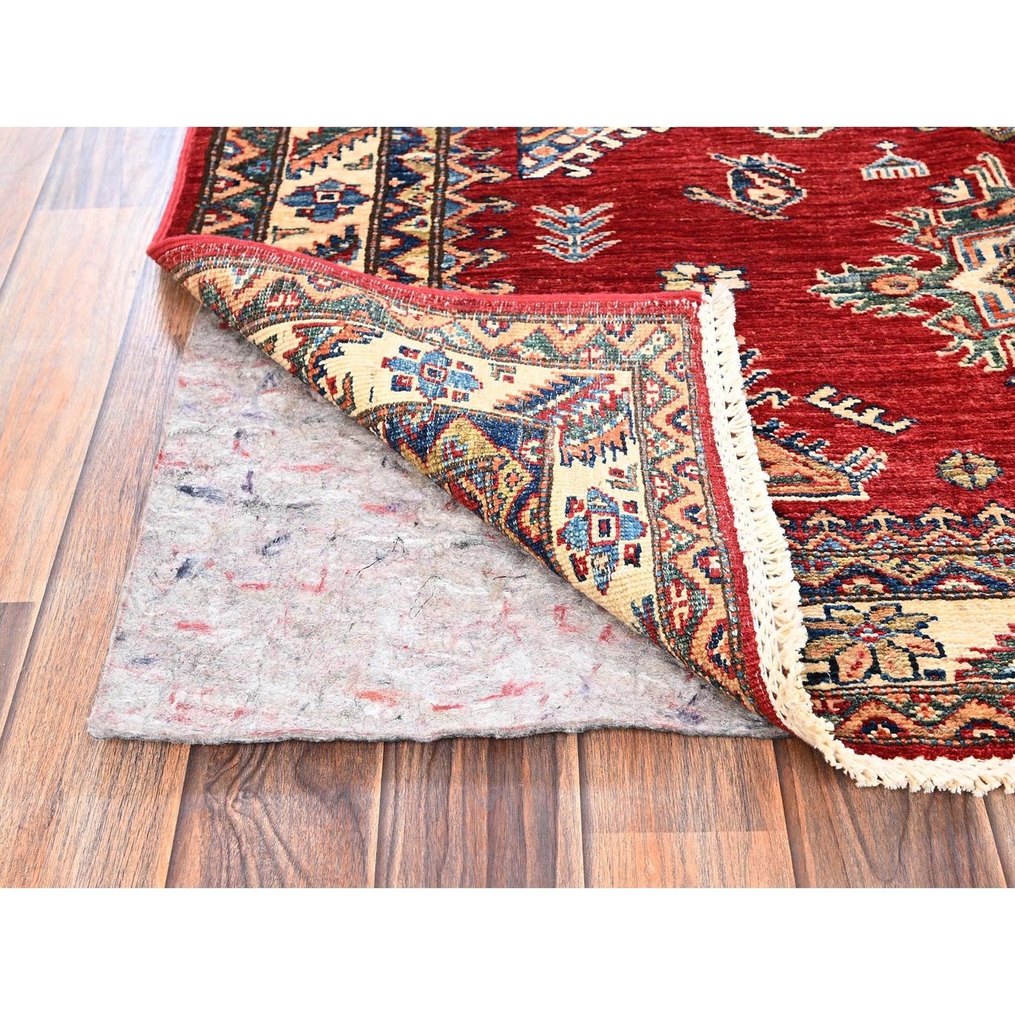 4'1"X6'5" Red Hand Knotted Afghan Super Kazak Medallions Design Wool Rug