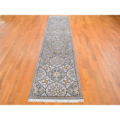 2'6"X12'3" Textured Wool And Silk Mughal Inspired Medallions Design Rug