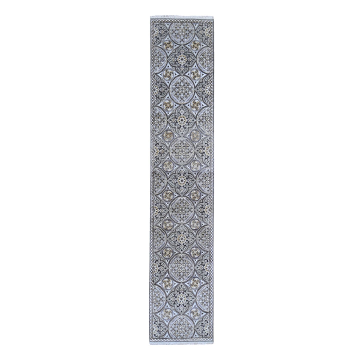 2'6"X12'3" Textured Wool And Silk Mughal Inspired Medallions Design Rug