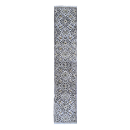 2'6"X12'3" Textured Wool And Silk Mughal Inspired Medallions Design Rug