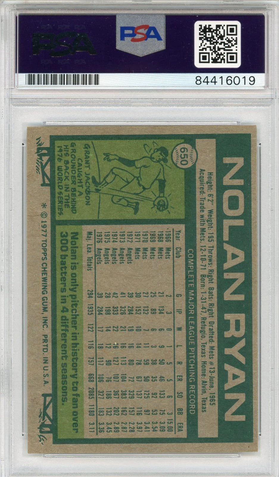 Nolan Ryan "Hof 99" Autographed 1977 Topps Card (Psa)