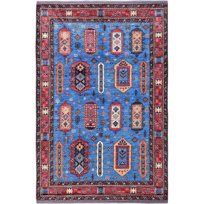 6'3"X9'1" Blue Afghan Caucasian Design Revival Hand Knotted Soft Wool Rug