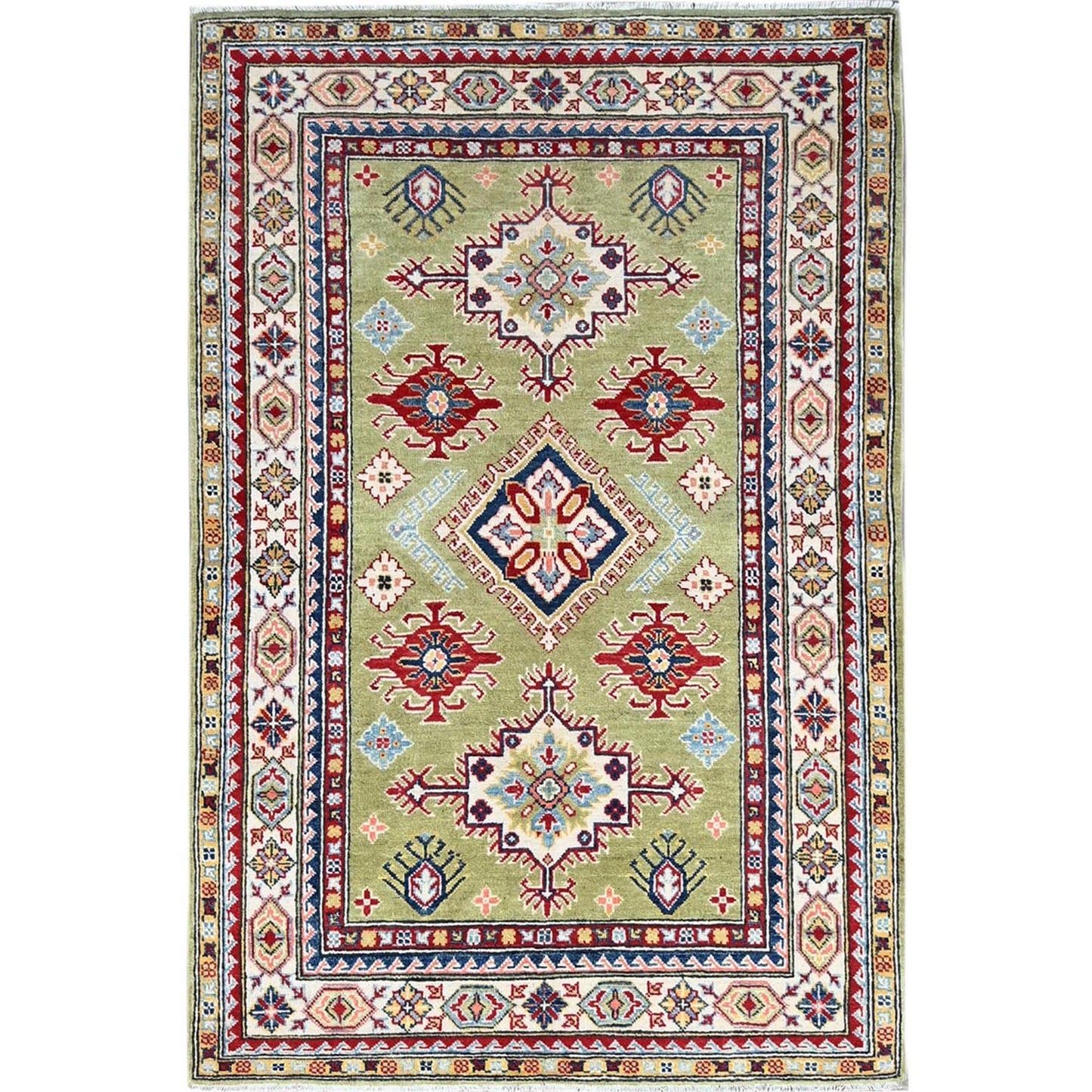 4'1"X5'10" Green Natural Dyes Soft Wool Hand Knotted Kazak Oriental Rug