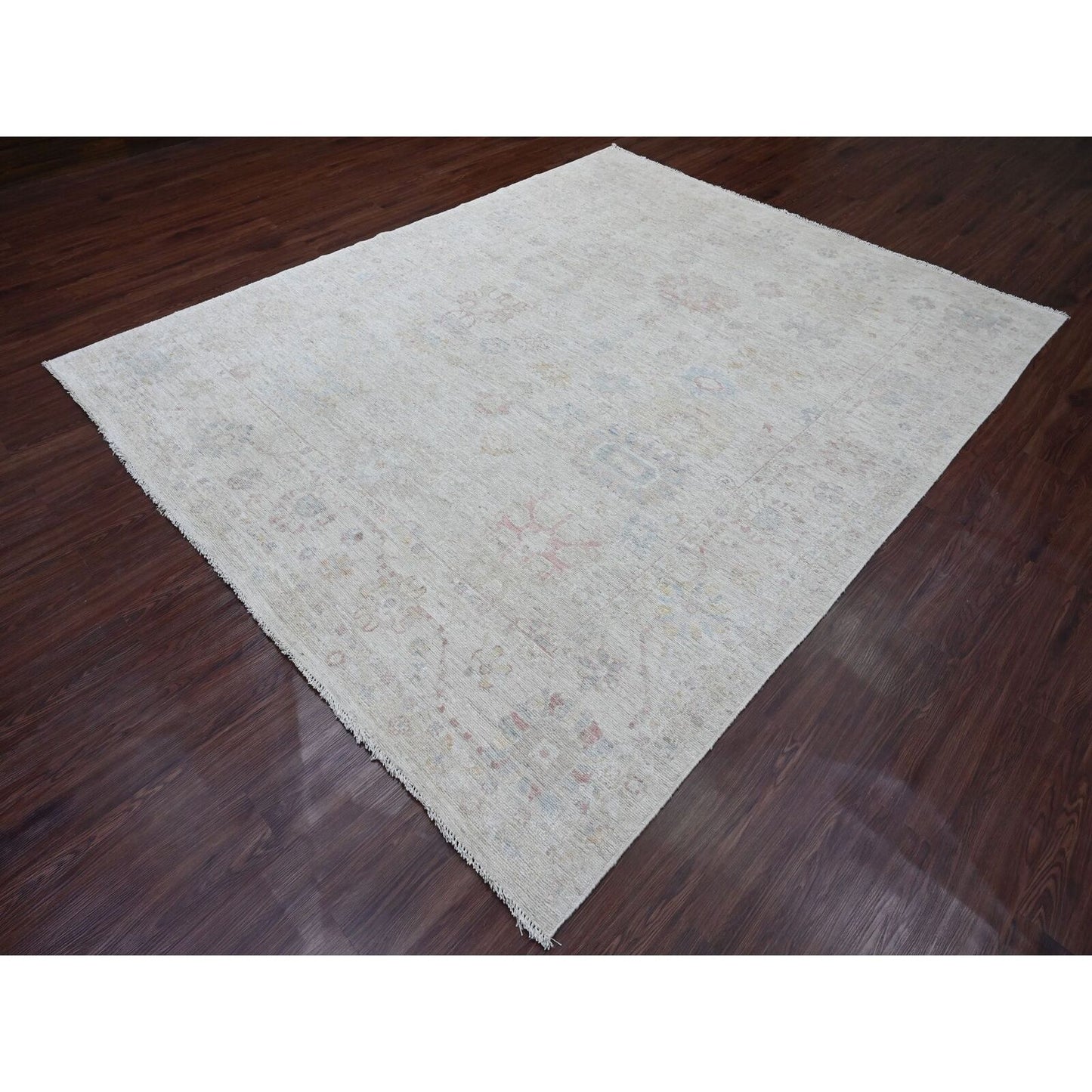 7'10"X9'8" Gray Hand Knotted Afghan Angora Oushak Leaf Design Wool Rug