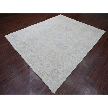7'10"X9'8" Gray Hand Knotted Afghan Angora Oushak Leaf Design Wool Rug