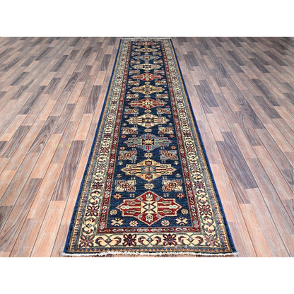 2'8"X11'9" Blue Wool Afghan Super Kazak Natural Dyes Oriental Runner Rug
