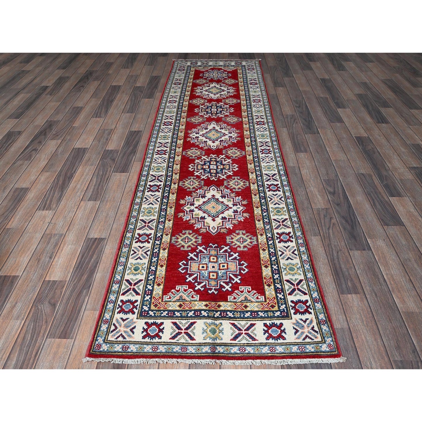 2'8"X9'6" Red Kazak With Geometric Design Hand Knotted Soft Wool Runner Rug