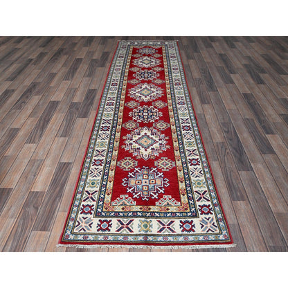 2'8"X9'6" Red Kazak With Geometric Design Hand Knotted Soft Wool Runner Rug