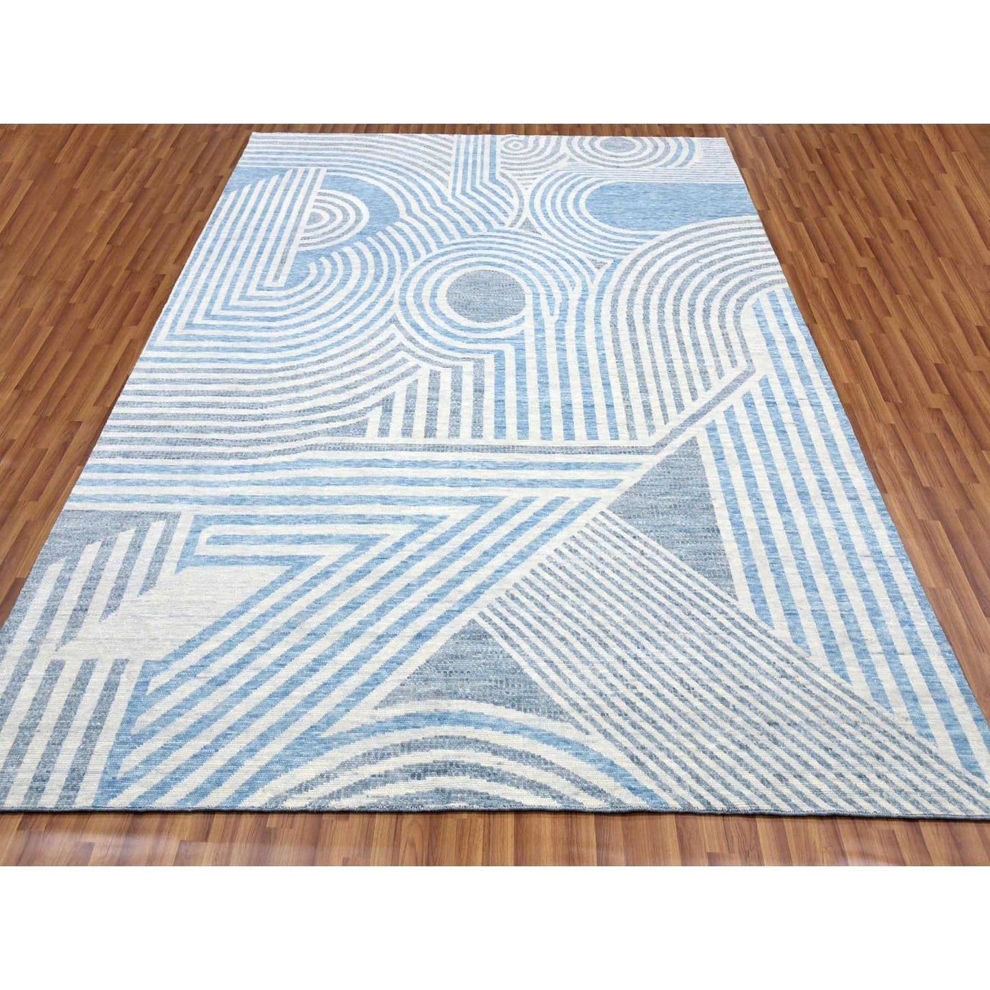 9'X12' Blue Hand Knotted Geometric Art Deco Collection Pure Wool Rug
