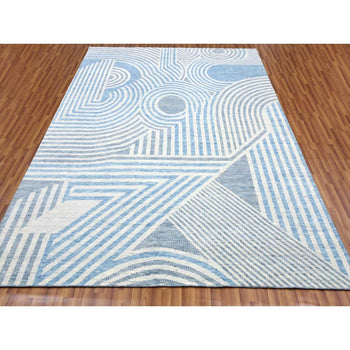 9'X12' Blue Hand Knotted Geometric Art Deco Collection Pure Wool Rug