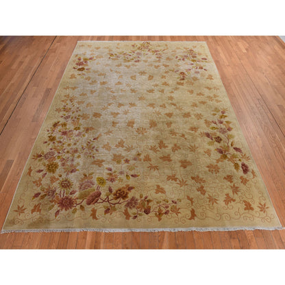 8'10"X11'8" Brown Antique Art Deco Leaf Design Pure Wool Hand Knotted Rug