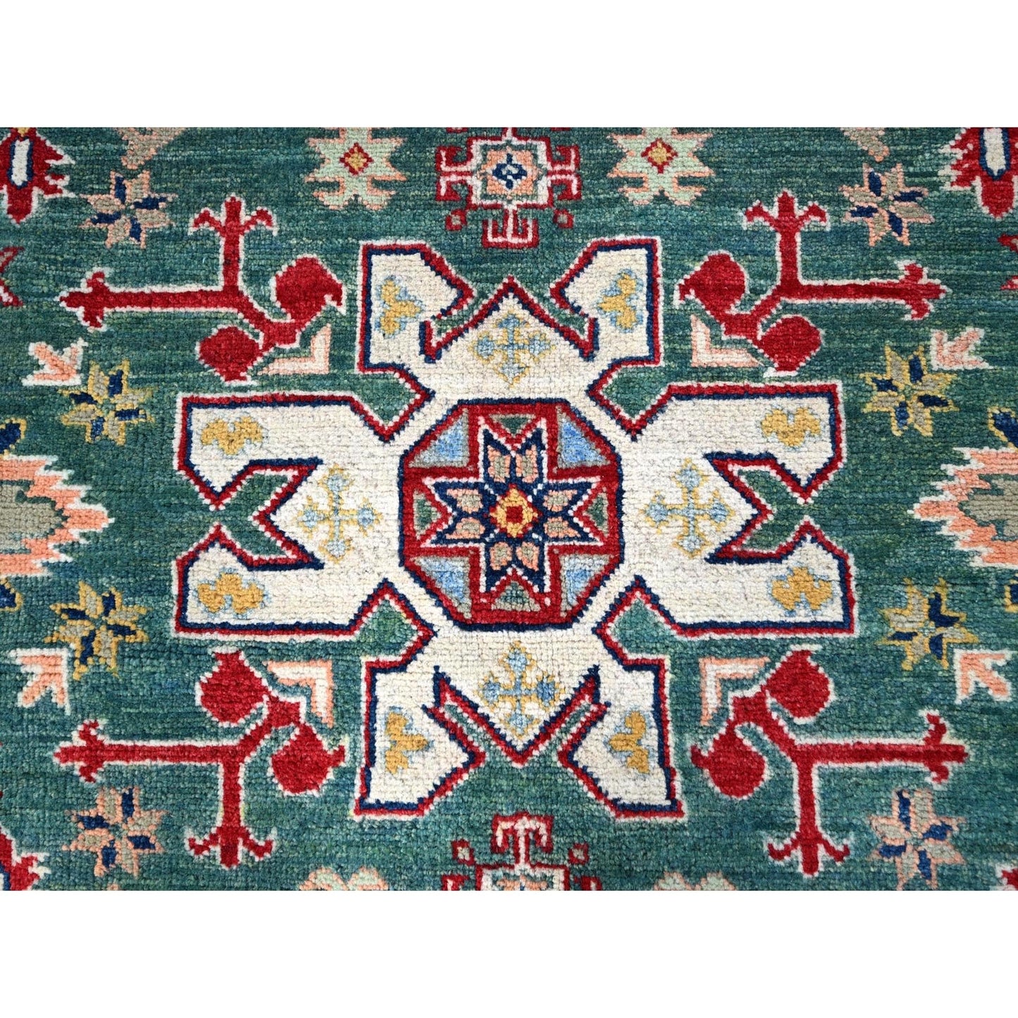 6'1"X9'2" Green Kazak Motifs Hand Knotted Denser Weave Wool Oriental Rug