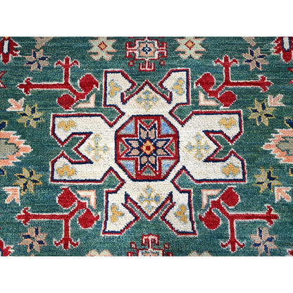 6'1"X9'2" Green Kazak Motifs Hand Knotted Denser Weave Wool Oriental Rug