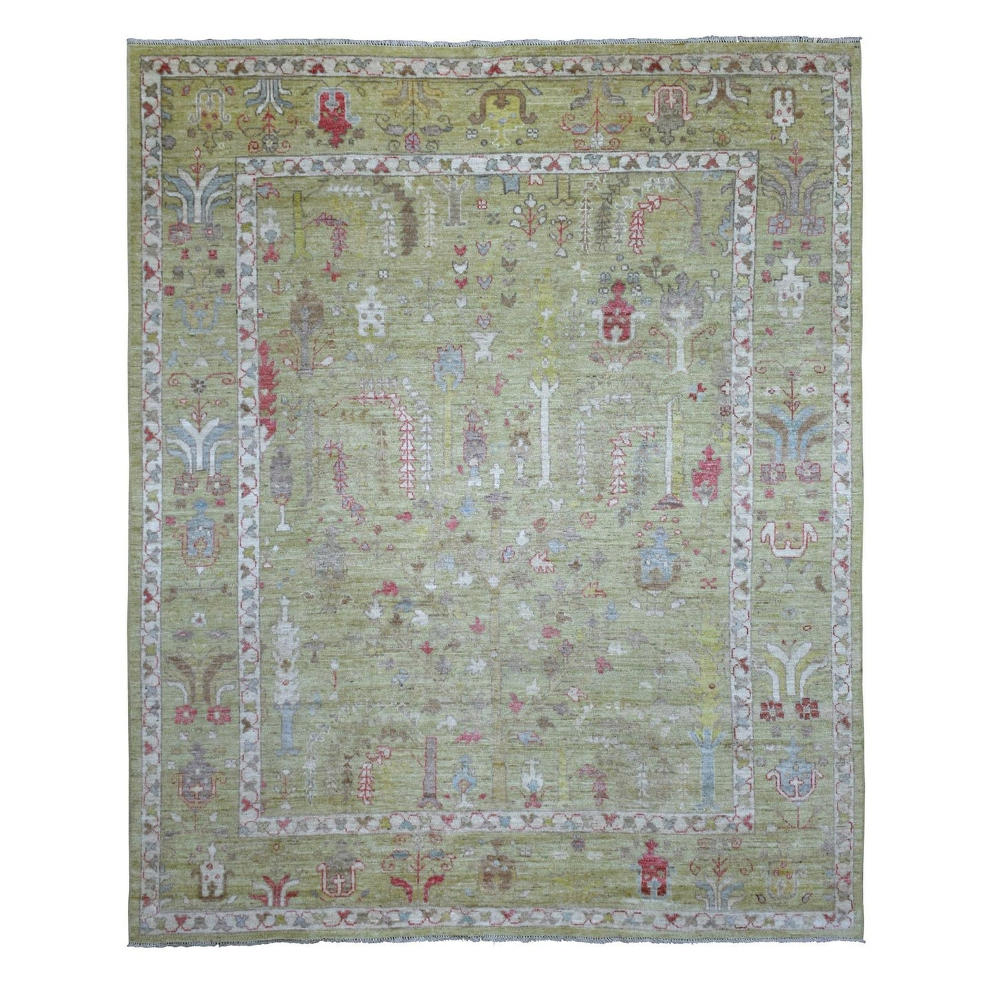 8'X9'9" Lime Green Afghan Angora Ushak Natural Wool Hand Knotted Rug