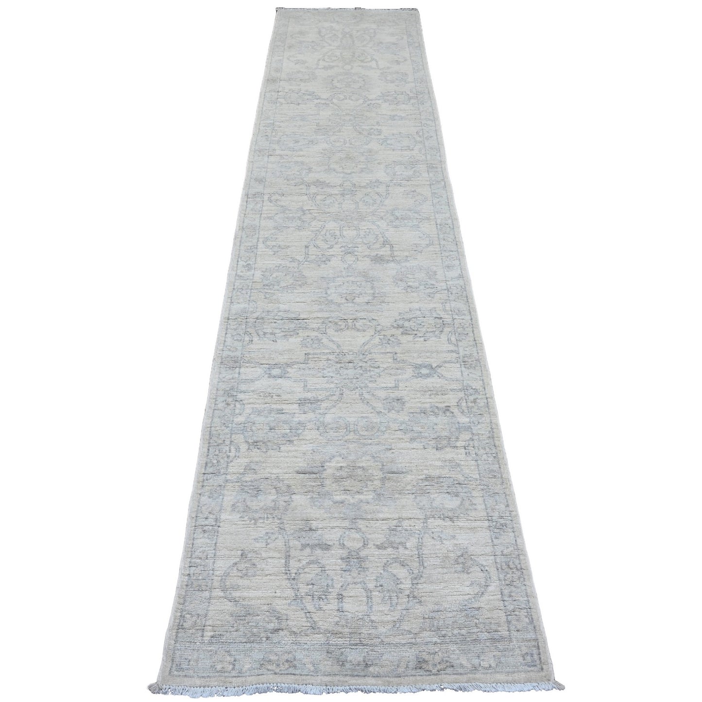 2'5"X11'1" White Washed Peshawar Leaf Design Hand Knotted Wool Runner Rug