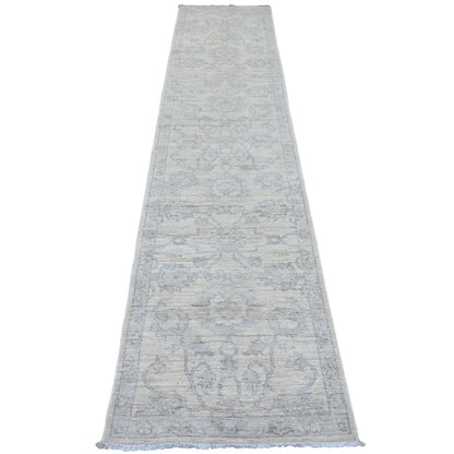 2'5"X11'1" White Washed Peshawar Leaf Design Hand Knotted Wool Runner Rug