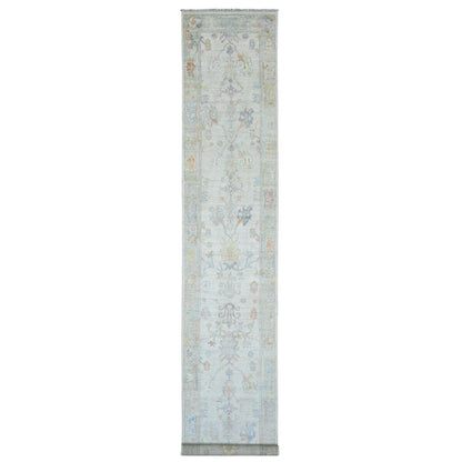 2'8"X15'7" White Angora Ushak Leaf Design Wool Hand Knotted Runner Rug