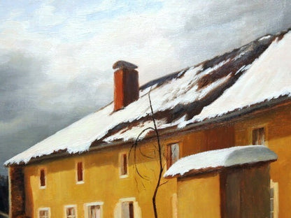Yvette signed French village oil painting snow landscape
