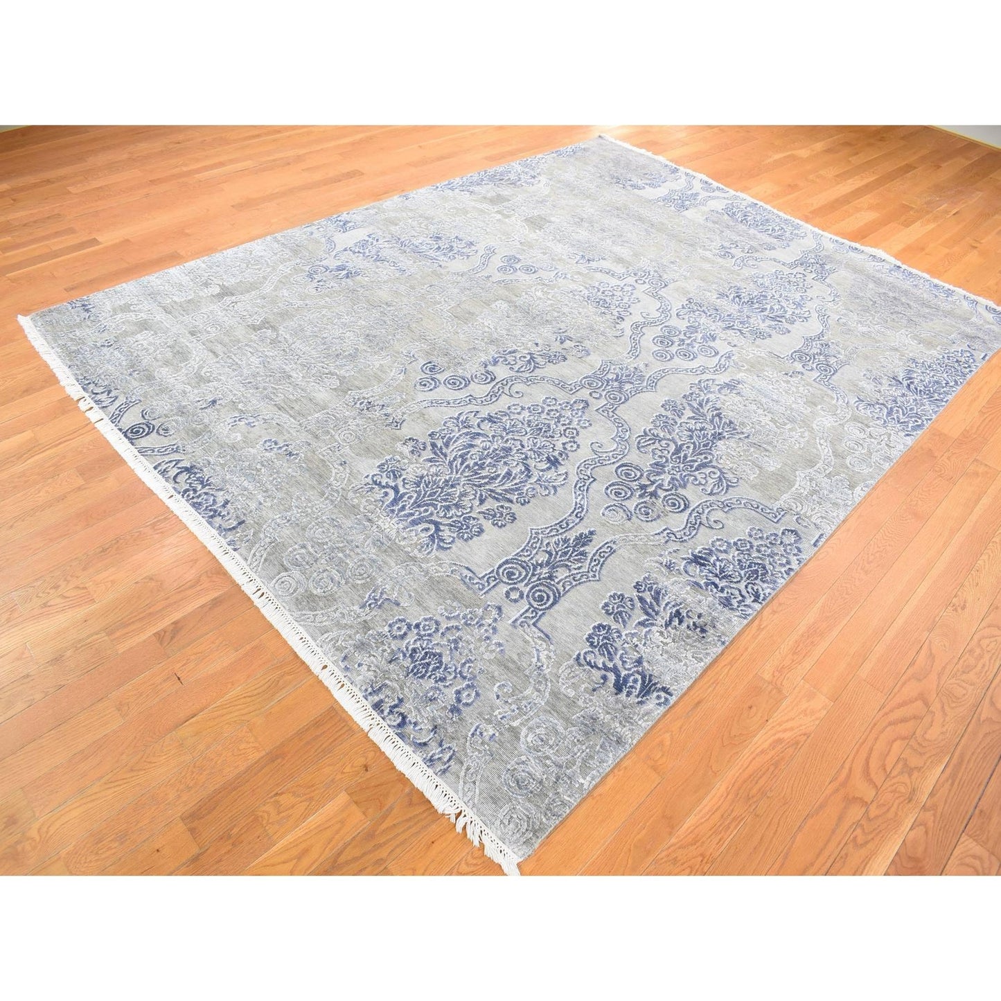 8'1"X10'4" Taupe Silk With Textured Wool Hand Knotted Transitional Rug