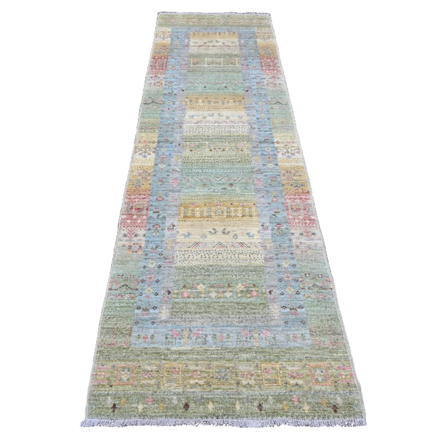 2'9"X9'7" Green Wool Kashkuli Animal Figurines Hand Knotted Runner Rug