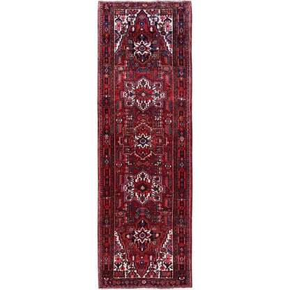 3'6"X11'5" Red Vintage Zoroastrian Heris Pure Wool Hand Knotted Runner Rug