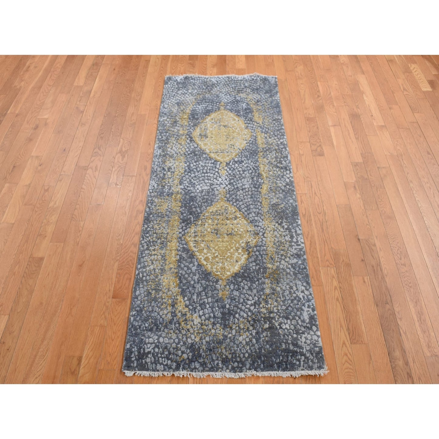 3'X8' Gray Zoroastrian Design Wool And Silk Hand Knotted Wide Runner Rug