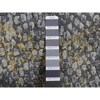 3'X8' Gray Zoroastrian Design Wool And Silk Hand Knotted Wide Runner Rug