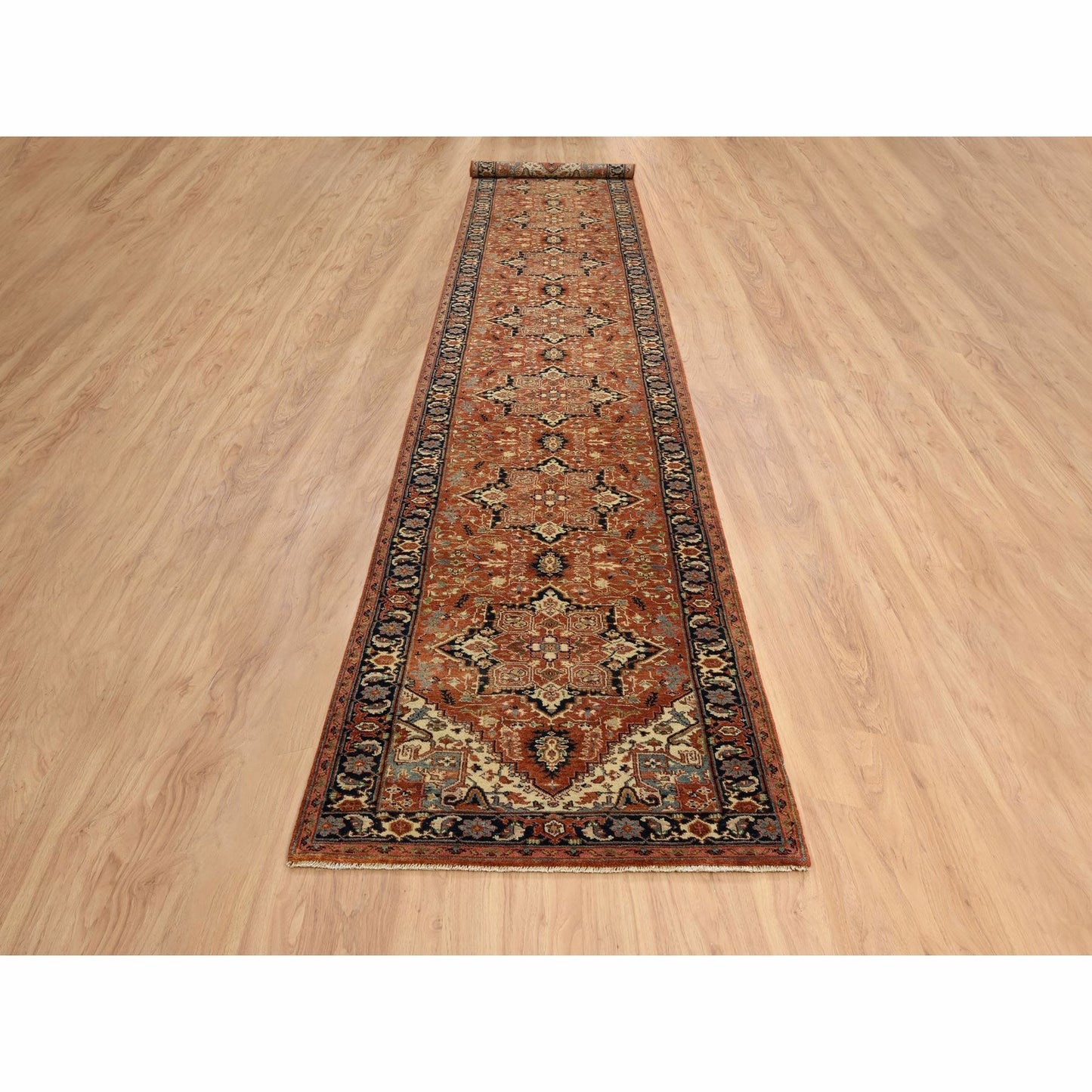 2'7"X16'3" Red Antiqued Heris Re-Creation Wool Hand Knotted Xl Runner Rug