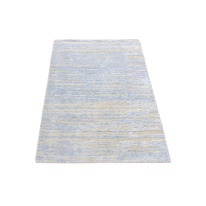 2'X3' Blue Wool And Silk Modern Line Design Hand Knotted Sample Mat Rug