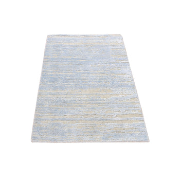 2'X3' Blue Wool And Silk Modern Line Design Hand Knotted Sample Mat Rug