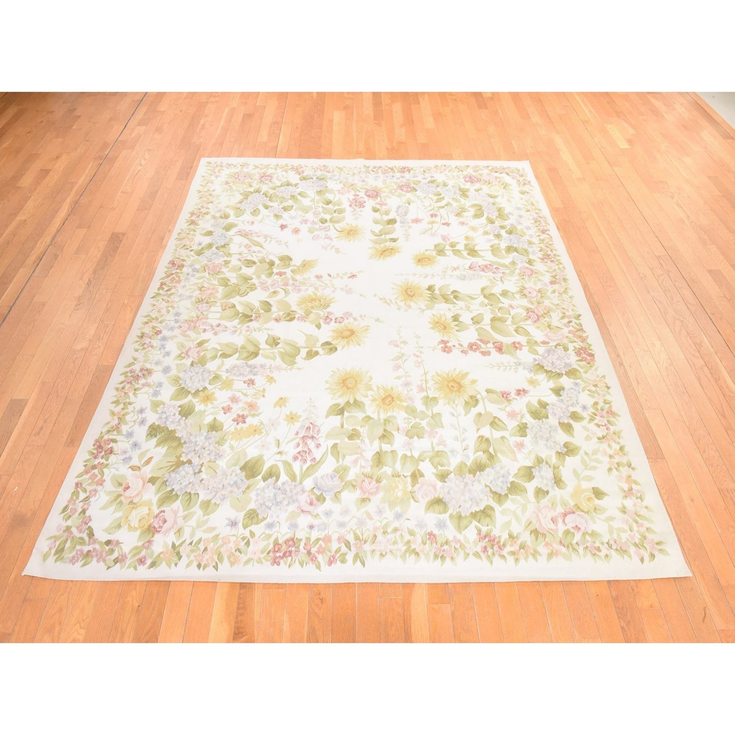8'x10'2" Ivory Aubusson Botanical Pattern Flat Weave Hand Woven Wool Rug