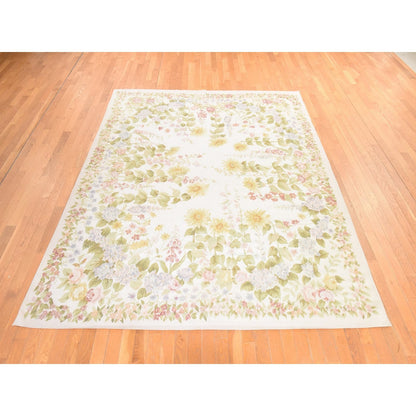 8'x10'2" Ivory Aubusson Botanical Pattern Flat Weave Hand Woven Wool Rug