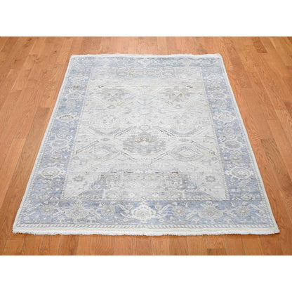 4'X6'2" Gray Pure Silk & Textured Wool Oushak Geometric Motif Rug