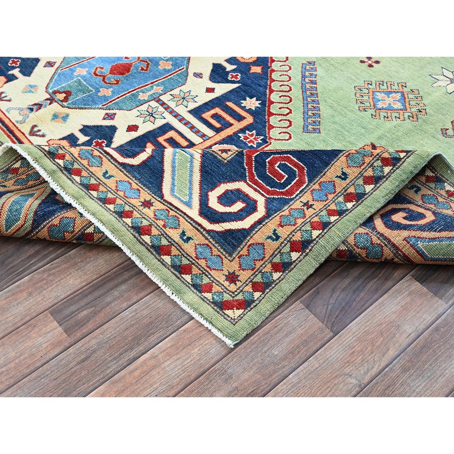 8'4"X9'7" Green Afghan Special Kazak Geometric Design Wool Hand Knotted Rug