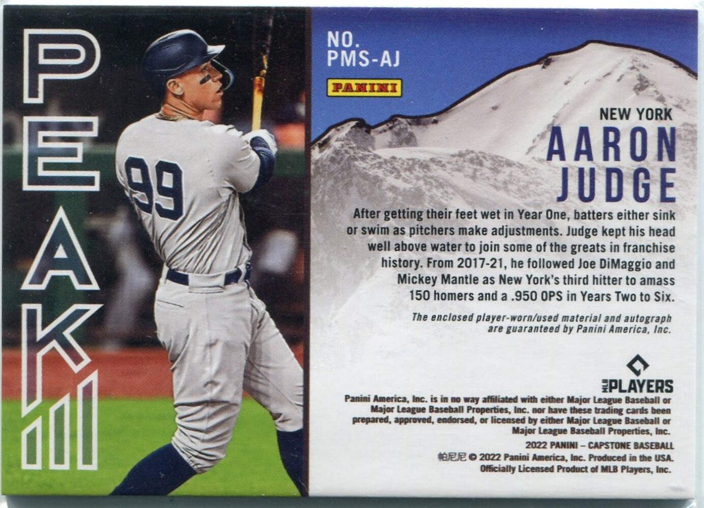 Aaron Judge 2022 Panini Capstone Peak Jersey & Autographed Card #Pms-Aj 22/25