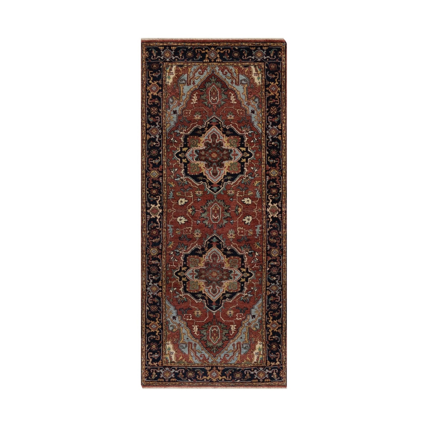 2'7"X6'1" Red Antiqued Heris Re-Creation All Wool Hand Knotted Runner Rug
