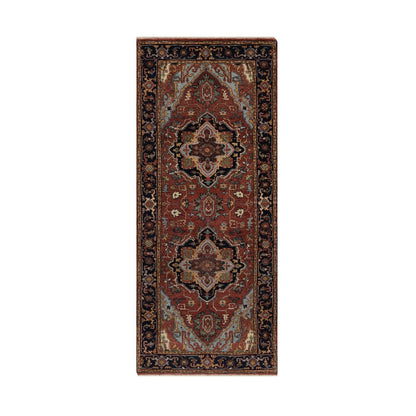 2'7"X6'1" Red Antiqued Heris Re-Creation All Wool Hand Knotted Runner Rug