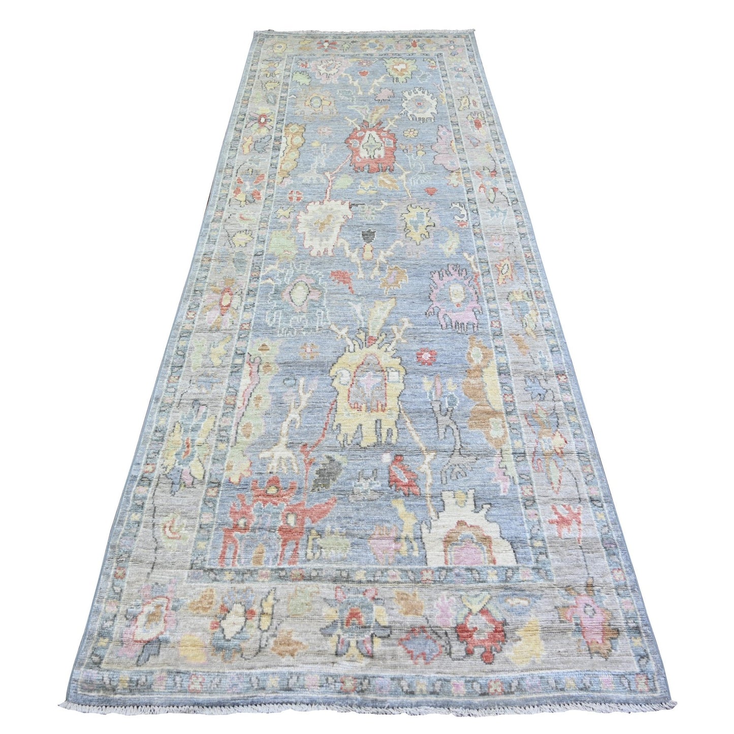 4'X11'7" Blue Gray Pure Wool Hand Knotted Afghan Angora Oushak Runner Rug