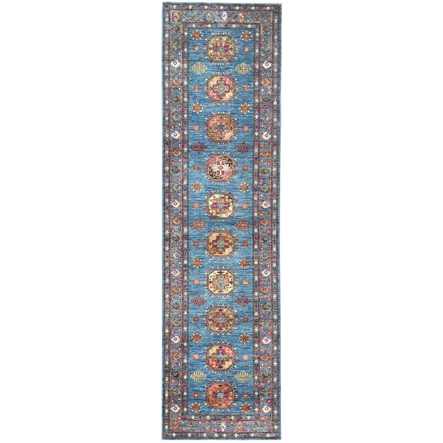 2'7"X9'9" Steel Blue Afghan Super Kazak Wool Hand Knotted Oriental Rug