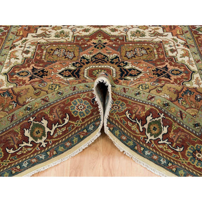 7'9"X9'9" Ivory Heris Medallion Design Pure Wool Hand Knotted Rug
