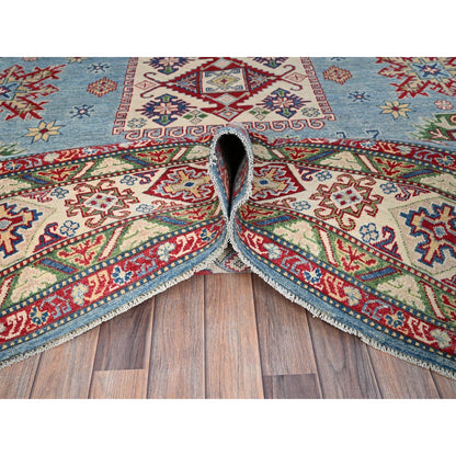 9'X11'9" Blue Hand Knotted Kazak Tribal Pattern Pure Wool Oriental Rug
