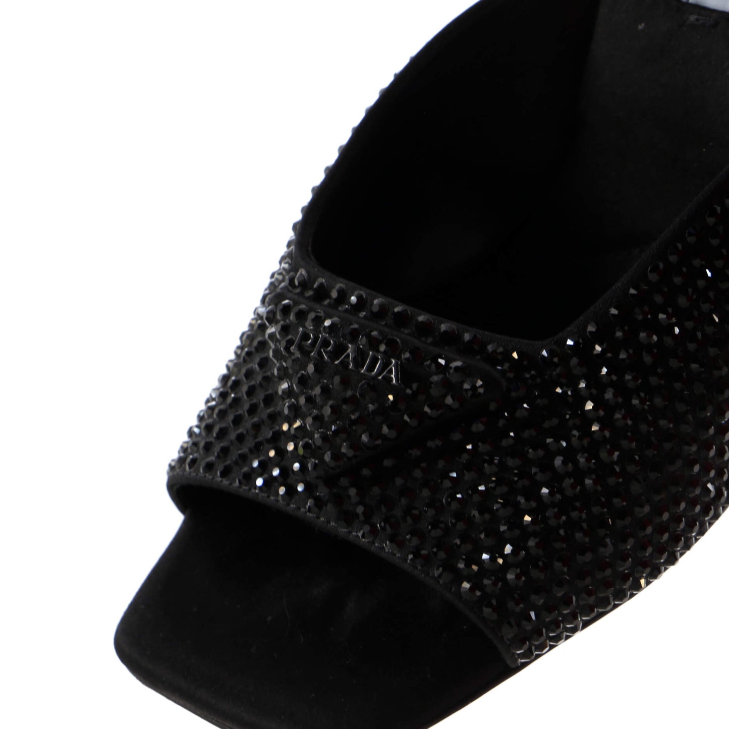 Prada Women'S Triangle Logo Heeled Mule Sandals Crystal Embellished Satin