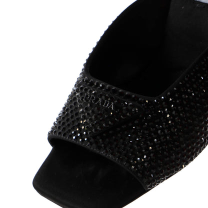 Prada Women'S Triangle Logo Heeled Mule Sandals Crystal Embellished Satin