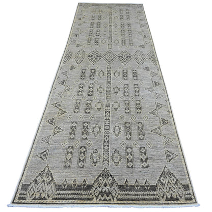 4'X11'9" Gray Geometric Berber Influence All Wool Hand Knotted Runner Rug
