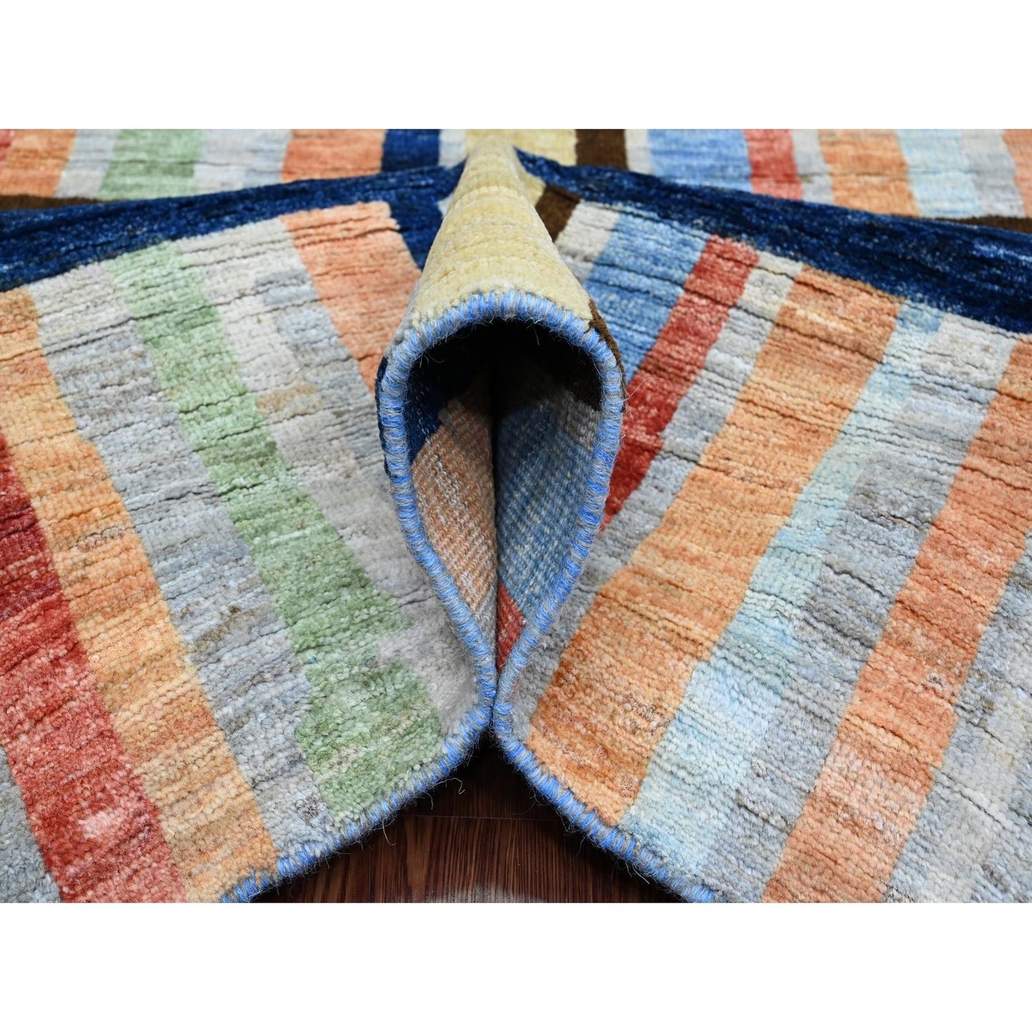 7'10"X9'9" Gray Criss Cross Colorful Line Design Hand Knotted Wool Rug