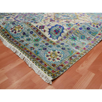 8'8"X12' Blueish Gray Medallion Design Silk With Wool Hand Knotted Rug