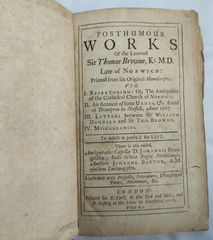 Thomas Browne Posthumous Works 1St Edition 1712 Cambridge Panel Binding Rare