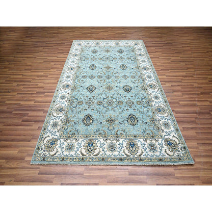 6'X9'1" Baby Blue Hand Knotted Agra Shah Abbas Vines Design Pure Wool Rug